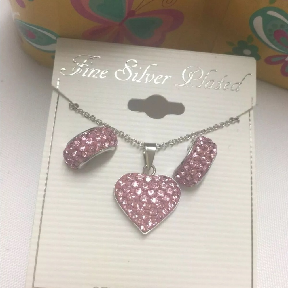 Pink Crystal Jewelry Set Heart Necklace Earrings